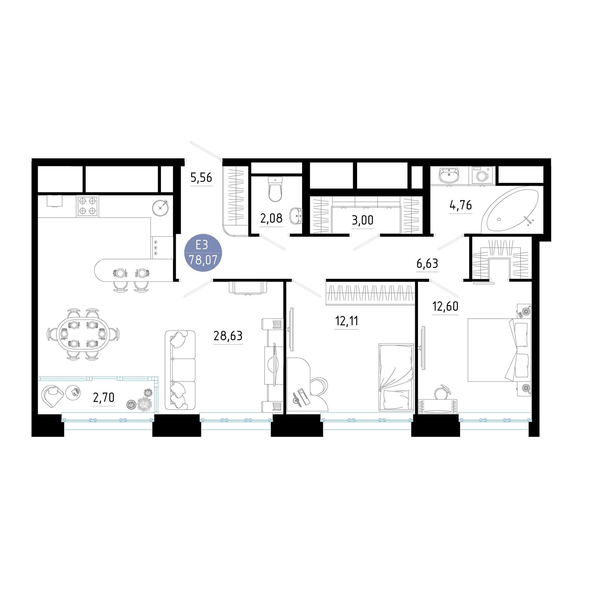 Квартира с двумя спальнями и гостиной 78м² (Евро-3)
